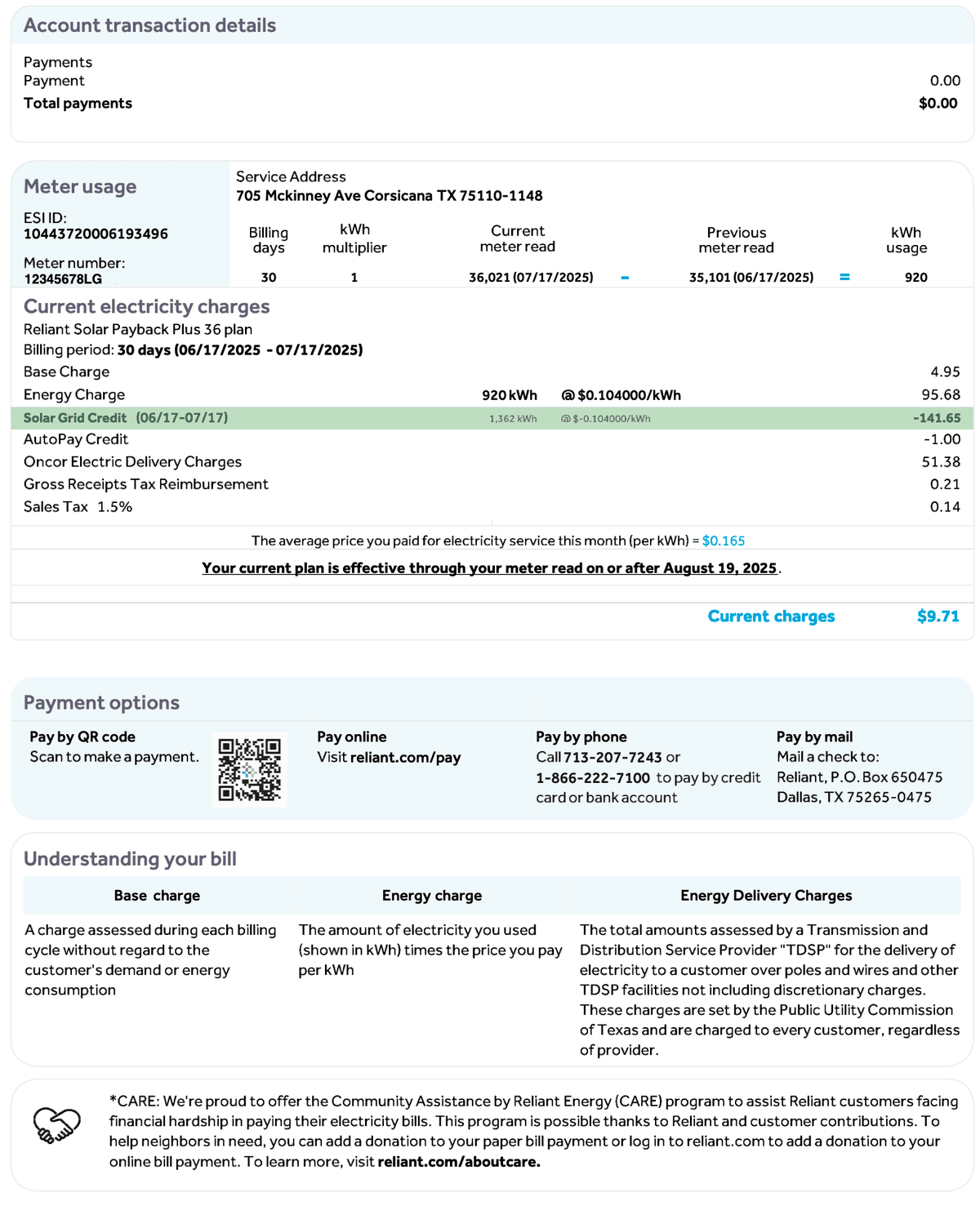 A Texas electricity bill with the meter usage and solar credit lines highlighted